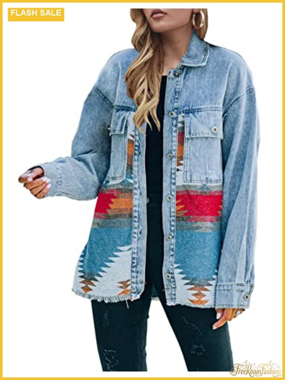 Oversized Aztec Print Denim Jacket Women Long Sleeve Button Down Fringe